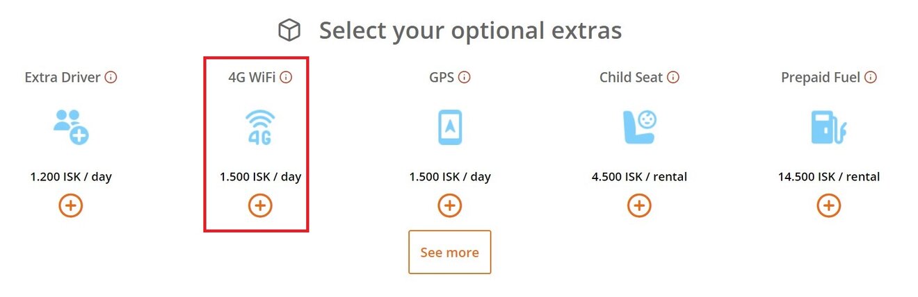 Options for additional extras on a car rental website, including Extra Driver, 4G WiFi, GPS, Child Seat, and Prepaid Fuel, with prices per day or per rental. The 4G WiFi option is highlighted with a red border.