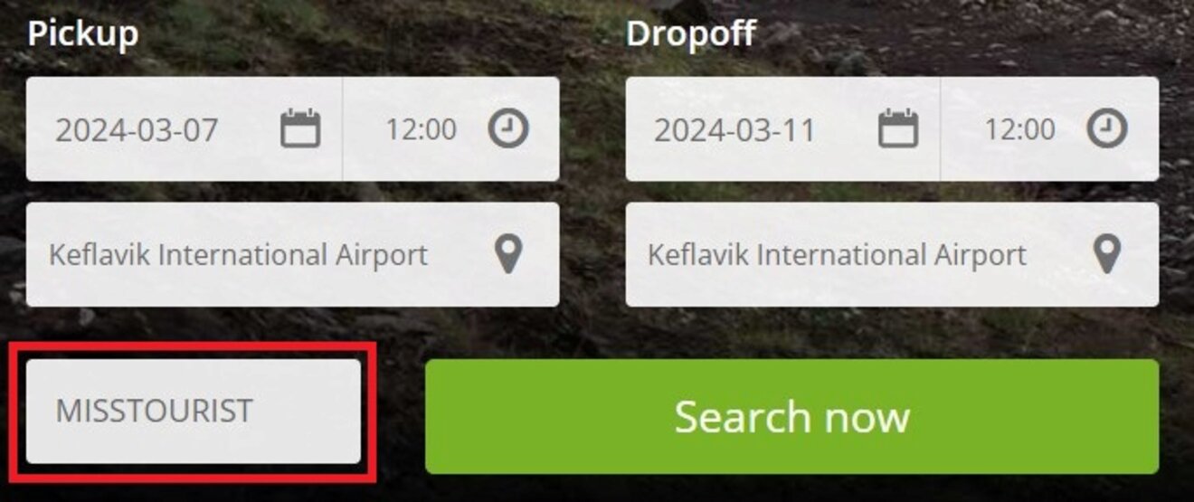 Interactive form fields for a car rental website, with pickup and drop-off times. A promo code field highlighted with the text 'MISSTOURIST' beside a green 'Search now' button.