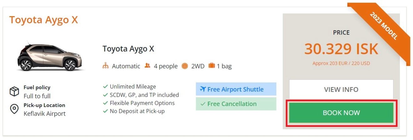 A listing on a car rental site featuring a Toyota Aygo X