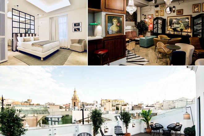 A collage of three hotel photos to stay in Valencia: a pristine minimalist bedroom with natural light, a vintage bar setting with rich wood accents and eclectic decor, and a rooftop terrace overlooking city architecture.