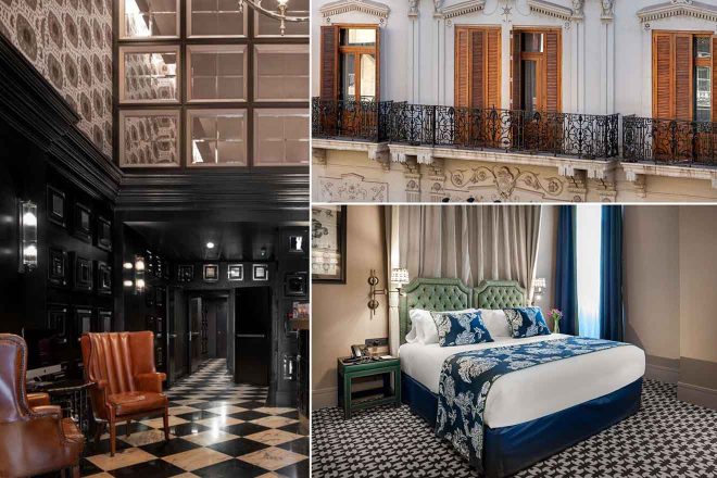 A collage of three hotel photos to stay in Valencia: an elegant black-and-white checkered hallway lined with leather chairs, a classic balcony facade of a historic building, and a posh bedroom with a plush green headboard and patterned textiles.
