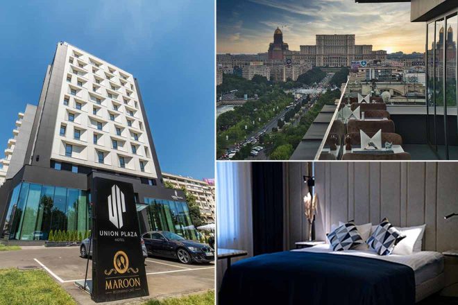 A collage of three hotel photos to stay in Bucharest: the sleek exterior of Union Plaza Hotel, a balcony view overlooking a bustling cityscape at dusk, and a cozy, modern bedroom with blue accents.