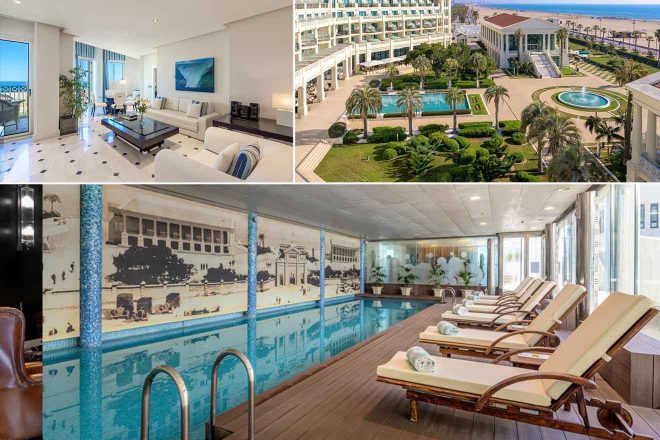 A collage of three hotel photos to stay in Valencia: a spacious living room with contemporary art and oceanfront views, a historic black and white photo mural by an indoor pool, and a serene poolside spa area with lounge chairs and large windows.