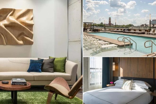 A collage of three hotel photos for a stay in Nashville: a modern lounge with a sculptural wall piece and eclectic furnishings, a sunny poolside scene with lounge chairs and umbrellas, and a contemporary bedroom with wood accents and a cityscape through the window