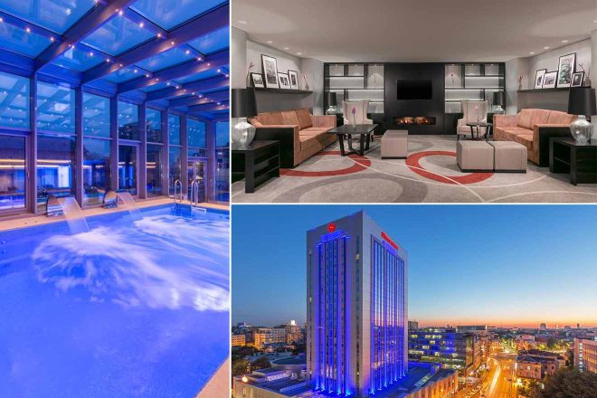 A collage of three hotel photos to stay in Bucharest: an expansive indoor pool with a glass ceiling and blue lighting, a spacious suite with chic modern furnishings and a fireplace, and a night view of a hotel’s neon-lit facade.