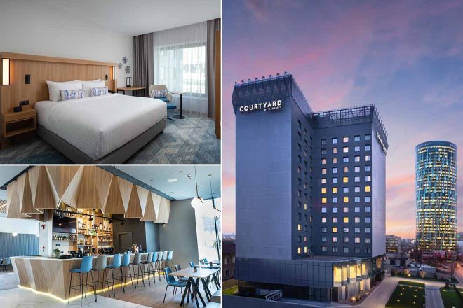 A collage of three hotel photos to stay in Bucharest: a spacious bedroom with minimalist design and neutral tones, a stylish hotel bar with geometric wood accents, and an exterior night shot of the Courtyard by Marriott against a twilight sky.