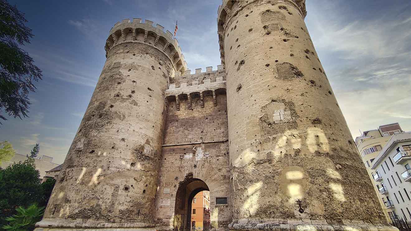 Close-up view of the imposing Quart Towers, an ancient medieval gate with robust stone walls, in Valencia