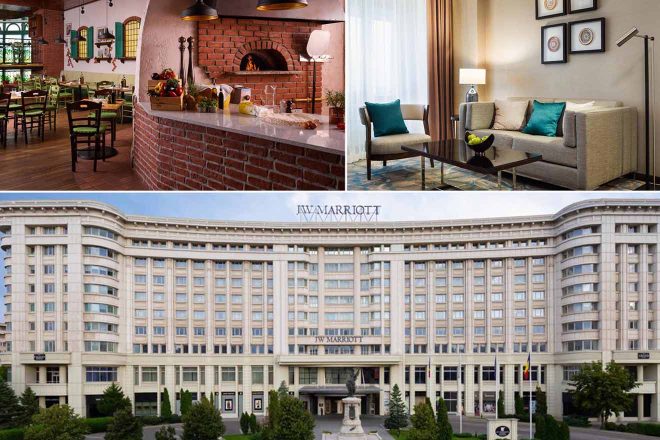 A collage of three hotel photos to stay in Bucharest: a rustic restaurant with a brick fireplace and vibrant decor, a living room area in a suite with modern furniture and art, and the classical facade of the JW Marriott Bucharest Grand Hotel.