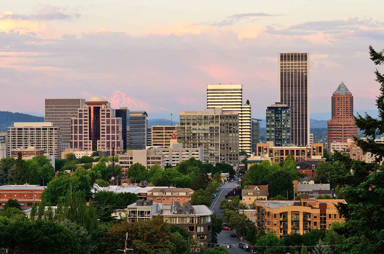 Portland skyline at dusk with Mount Hood in the background