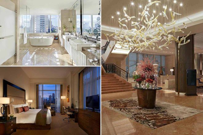 A collage of three hotel photos for a premium stay in Manila: an elegant bathroom with a freestanding tub and cityscape views through floor-to-ceiling windows, a sophisticated bedroom featuring twilight city views and a cozy seating area, and a grand hotel lobby with a stunning light installation above floral arrangements and a sweeping staircase.