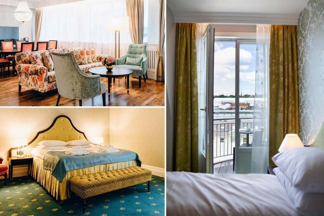 A collage of three hotel photos to stay in Oslo showcasing an elegant living room with floral couch and vintage decor, a sophisticated bedroom with a stately bed and patterned carpet, and a bright room with balcony overlooking the city skyline.