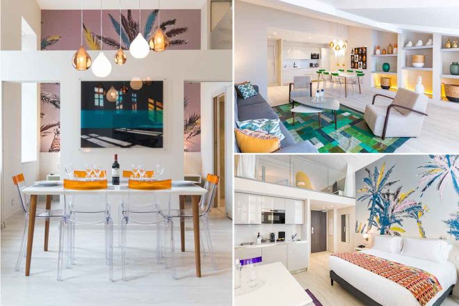 A collage of three photos of hotels to stay in Nice: a dining area with a modern table set under chic hanging lights, a bright open-plan living space with colorful accents and geometric patterns, and a cozy bedroom with a tropical mural