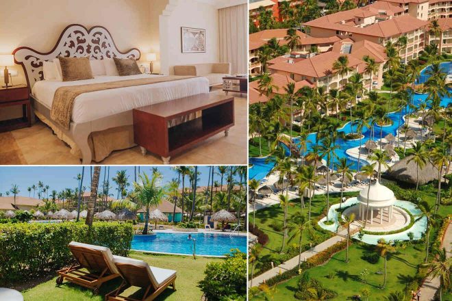 A collage of three hotel photos to stay in Punta Cana: An elegant bedroom with a decorative headboard and plush bedding, an aerial view of a sprawling resort with lush palm trees and swimming pools, and a relaxing poolside lounge with wooden sunbeds on neatly trimmed grass.