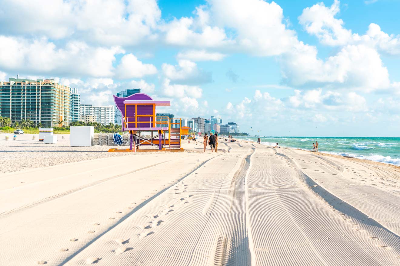 white sand beach and lifeguard tower