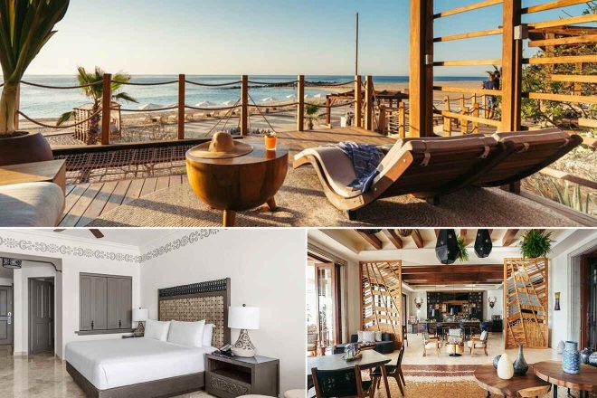 A collage of three hotel photos to stay in Los Cabos: an open-air lounge with stylish sunbeds overlooking the beach, a sophisticated bedroom with intricate wall designs, and a spacious living area with a blend of modern and rustic decor.