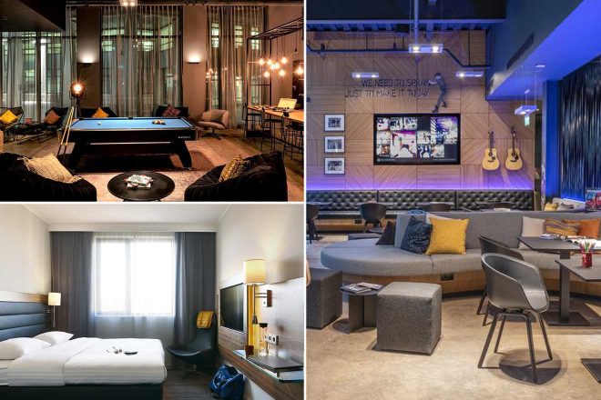 Contemporary hotel montage displaying an urban hotel room with sleek design, a lively hotel lobby with billiards and modern furnishings, and the hotel's stylish exterior at dusk.