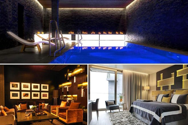 A collage of three hotel photos to stay in Oslo featuring an atmospheric indoor pool with blue lighting, a cozy lounge with warm lighting and plush seating, and a contemporary bedroom with chic decor and large windows.