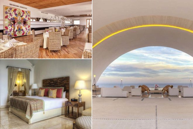 A collage of three hotel photos to stay in Los Cabos: a vibrant dining area with a floral art installation, a cozy bedroom with warm lighting and earth tones, and a rooftop lounge offering a unique arch view over a tranquil sea horizon.