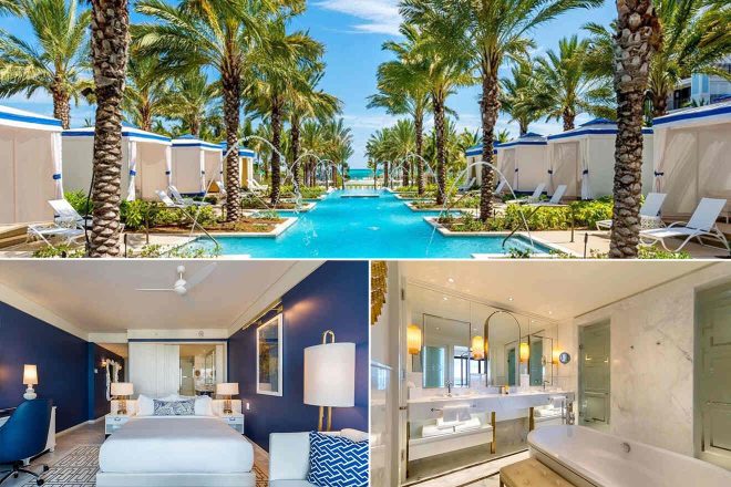 A collage of three hotel photos to stay in Nassau: A serene pool flanked by private cabanas and tall palm trees, a navy-themed room with ample natural light and a view of greenery, and a luxurious bathroom with sleek marble finishes.