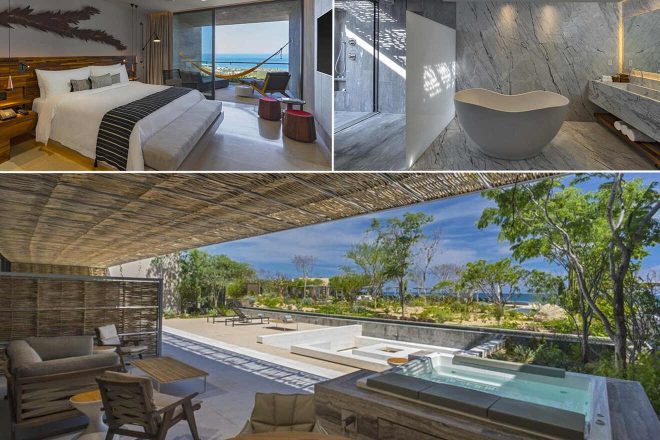 A collage of three hotel photos to stay in Los Cabos: a bedroom with oceanfront views and a hammock, an opulent bathroom with a standalone tub and marble walls, and a serene outdoor patio with a jacuzzi and lush garden views.