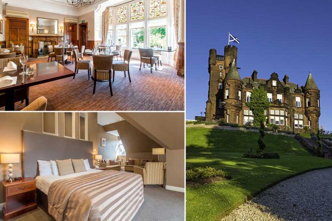 Elegant hotel collage featuring the grand dining room of a castle hotel with classic decor, a luxurious bedroom with chic bedding, and the imposing exterior of the castle with the Scottish flag