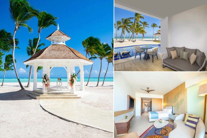 A collage of three hotel photos to stay in Punta Cana: A welcoming hotel lobby with ornate designs and comfortable seating, a cozy bedroom with floral bedding and ocean views, and an exclusive pool area flanked by palm trees and oceanfront.