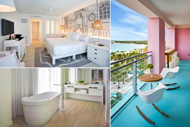 A collage of three hotel photos to stay in Nassau: A spacious bedroom with artistic wall murals and subtle ocean themes, a modern bathroom with freestanding tub, and a colorful balcony with picturesque views of the marina.
