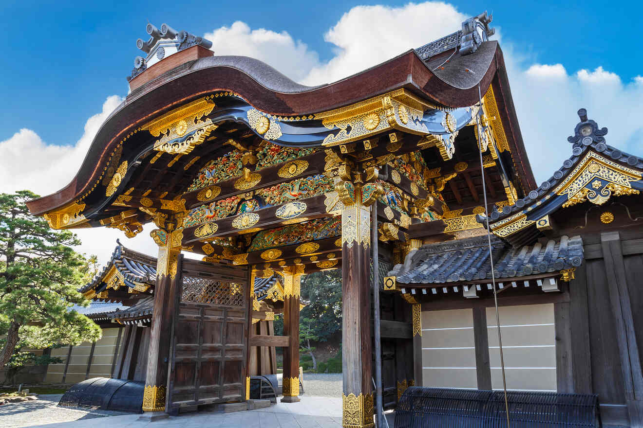 An ornate Japanese temple gate adorned with intricate gold details and carvings, set against a clear blue sky