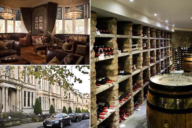 Traditional hotel collage with a cozy lounge adorned with leather sofas and pendant lighting, a wine cellar with an extensive collection, and the hotel's classic façade lined by manicured hedges