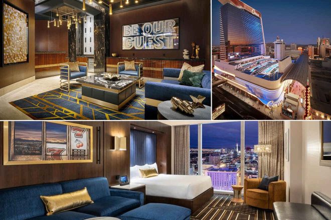 A collage of three images from The Cosmopolitan of Las Vegas: a chic lounge area with a 'Be Our Guest' neon sign and artistic elements, a blue-toned high-rise building at night highlighting the vibrant nightlife, and a cozy bedroom with artwork of classic slot machine icons and a view overlooking the city lights.