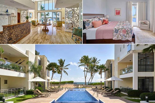 Collage of Costa Atlantica Beach Condo: Top left shows a spacious lobby with modern decor and ocean views; top right features a cozy bedroom with floral bedding and a view to the balcony; bottom images display the exterior of the resort with a long, inviting pool lined with palm trees and loungers, and the beachfront setting with clear skies