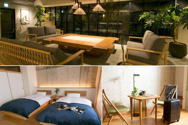 A collage of three hotel photos to stay in Kyoto: a casual communal dining area with wooden furniture and pendant lighting, a minimalistic hotel room with twin beds and raw concrete walls, and a cozy seating area perfect for evening relaxation.