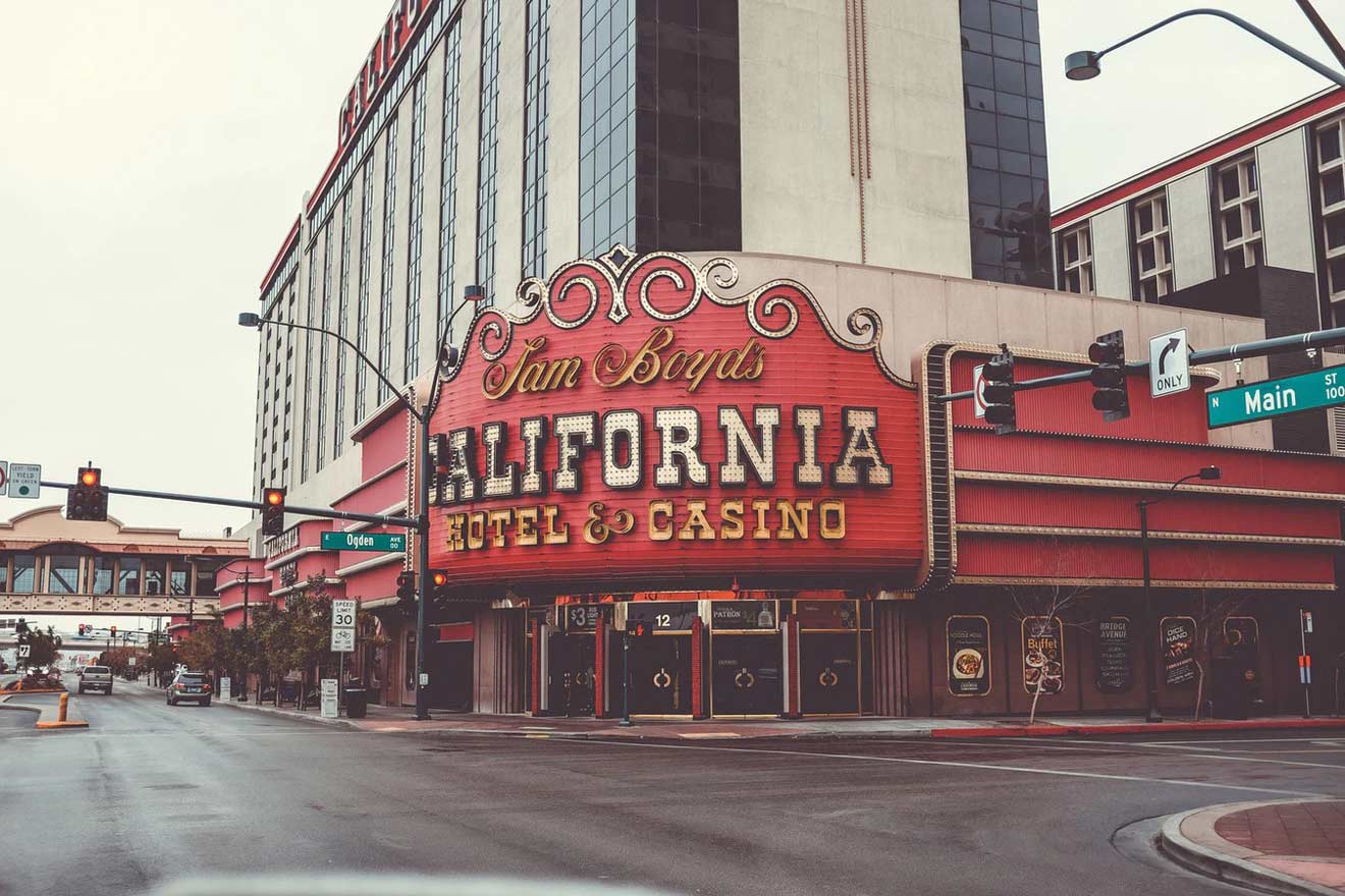 Sam Boyd's California Hotel and Casino entrance sign in Las Vegas with a vintage aesthetic