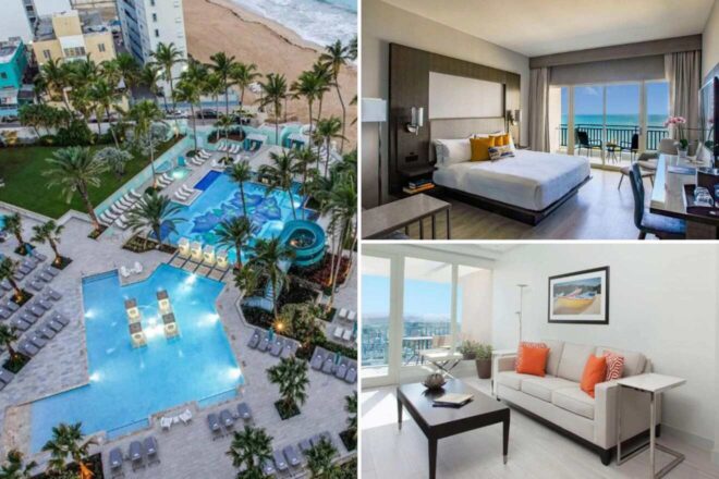 Collage of three hotel photos: aerial view of outdoor pool, bedroom, and living room