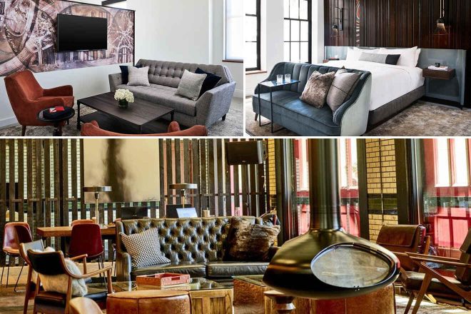 A collage of three hotel photos to stay in Detroit: a sophisticated living space with a plush sofa and large TV, a comfortable bedroom with a sleek design and wood accents, and a communal seating area with a mix of leather and fabric chairs, and vibrant pillows.