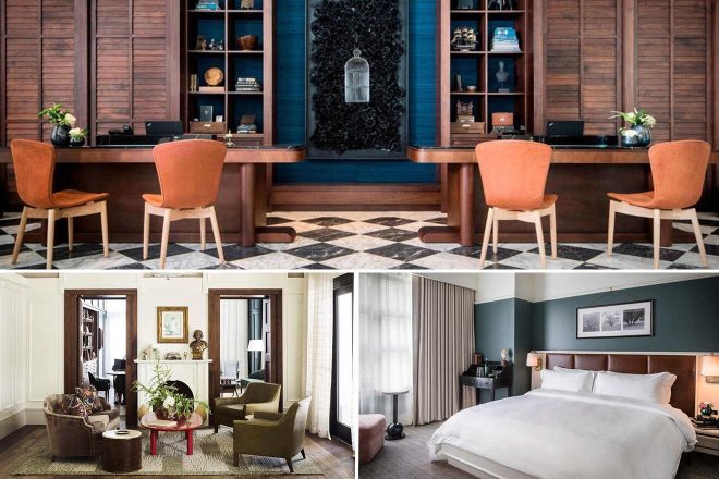 A collage of three hotel photos to stay in Savannah: A refined hotel study area with wooden bookshelves, a blue accent wall, and terracotta-colored chairs.