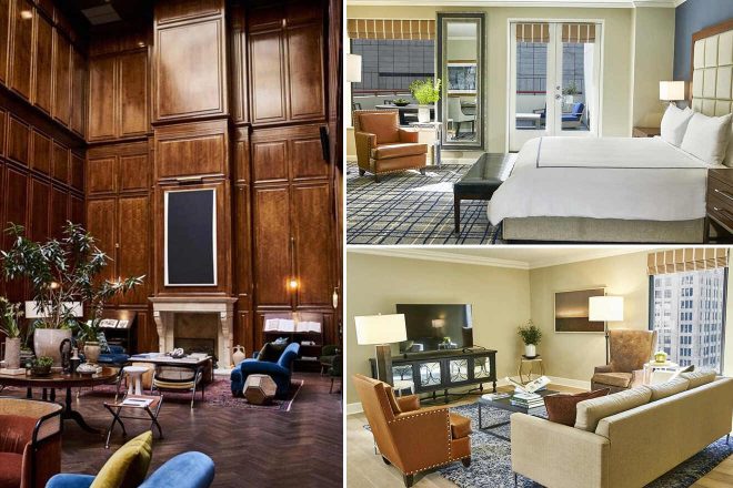 A collage of three hotel photos to stay in Dallas: an elegant lounge with tall wooden panels and plush seating, a modern bedroom with a balcony and sleek furnishings, and a comfortable living room setup with a large TV and city views.