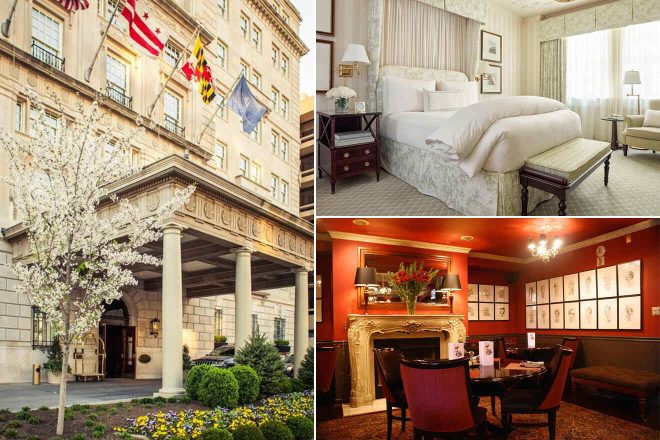 A collage of three hotel photos to stay in Washington DC: a historic hotel facade adorned with flags and blossoming trees, a classic bedroom with luxurious bedding and traditional decor, and a cozy hotel lounge with a red fireplace and historical artwork.