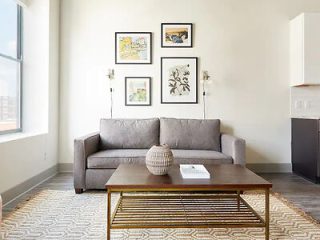 Contemporary living room with a gray sofa, wooden coffee table, and patterned rug, lit by natural light from large windows.