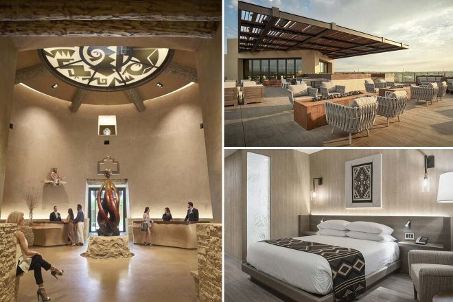 Collage of 3 pics of hotel in Historic Old Town Albuquerque : a hotel lobby with wooden beams, a rooftop terrace with seating and desert views, and a bedroom with a large bed, geometric patterned blanket, and wall art.