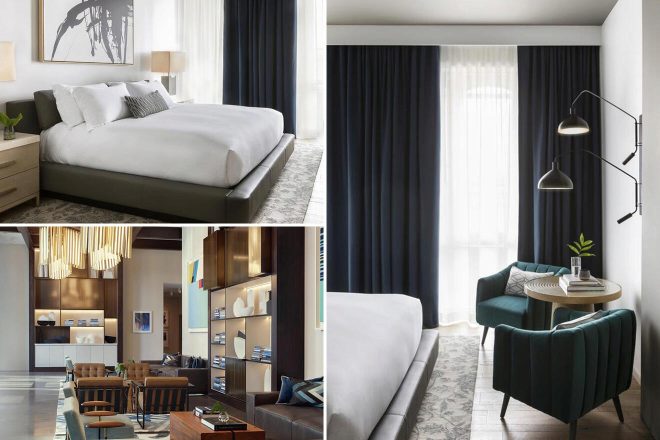 A collage of three hotel photos to stay in Dallas: a chic bedroom with a leather headboard and abstract art, a sophisticated lobby with unique hanging light fixtures, and an inviting sitting area with a modern coffee table and bookshelves.