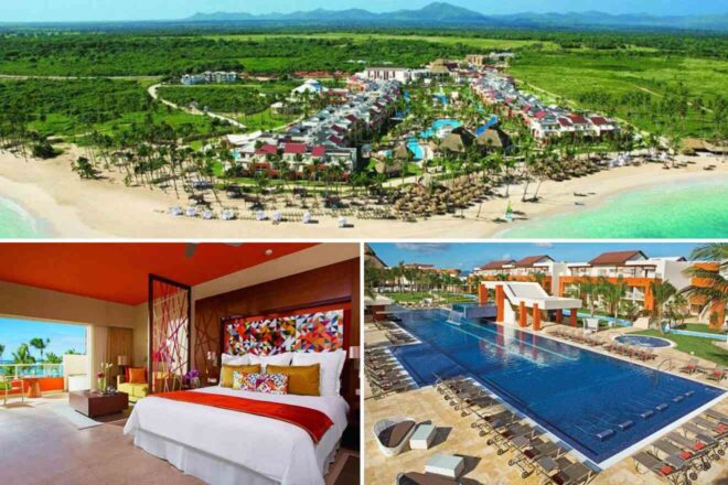 A collage of three hotel photos to stay in Punta Cana: A picturesque wedding gazebo by the beach, a luxurious beachfront lounge area with modern furnishings, and a spacious bedroom with minimalist decor and a tropical view.