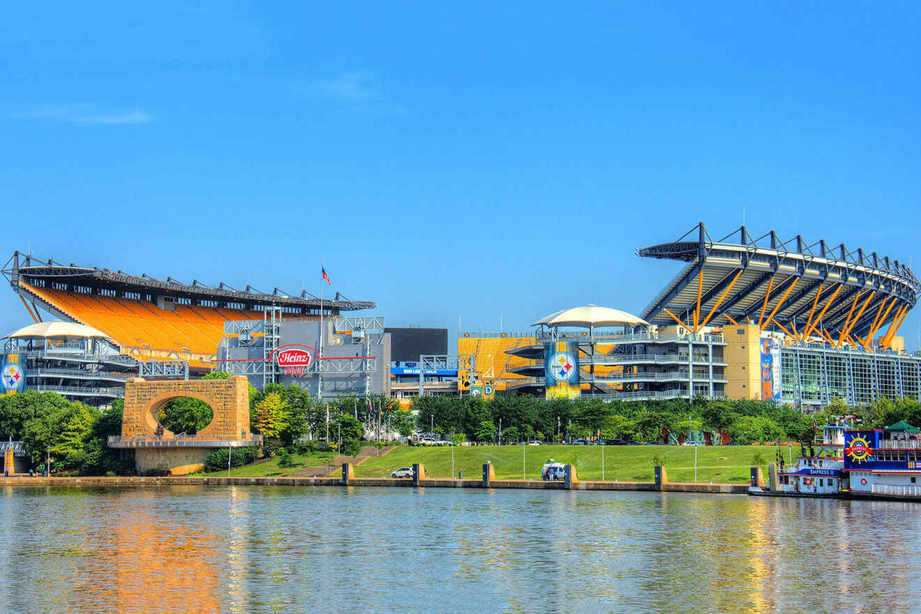 View of Heinz Field stadium in Pittsburgh featuring the stadium’s exterior and adjacent river with boats