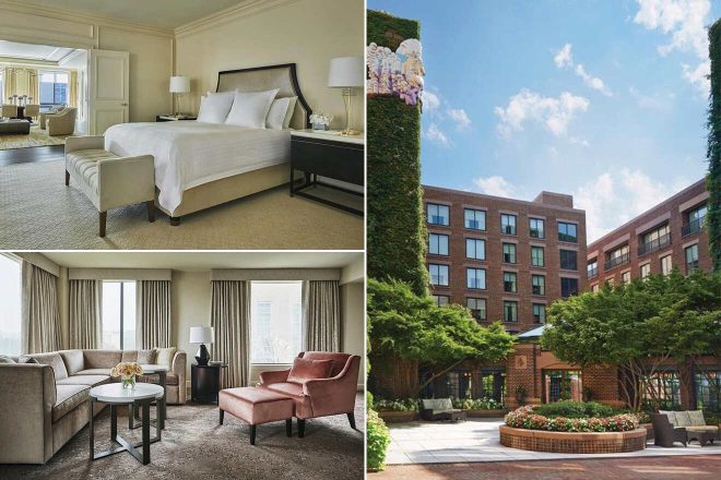 A collage of three hotel photos to stay in Washington DC: an upscale bedroom with a large window and sitting area, a hotel exterior with ivy-covered walls and a landscaped courtyard, and an elegant living room with soft-toned furniture and plush seating.