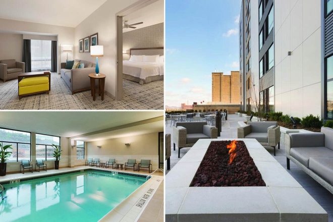 A collage of three hotel photos to stay in Pittsburgh: a spacious suite with a separate living area, an inviting indoor pool with lounge chairs, and an outdoor patio with a fire pit and comfortable seating.