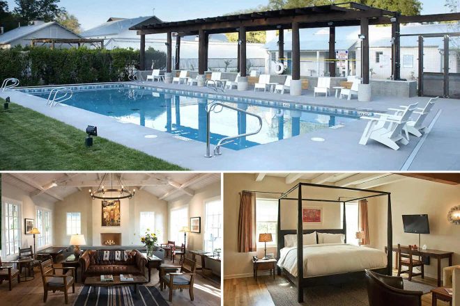 Collage of 3 pics of hotel in North Valley Albuquerque: a swimming pool area with deck chairs and pergola, a lounge with sofas and armchairs, and a bedroom with a four-poster bed.