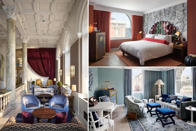 A collage of three hotel photos to stay in Washington DC: an opulent lobby with white ornate ceilings and a red curtain backdrop, a vibrant bedroom with a floral headboard and large windows, and a contemporary living room with stylish blue armchairs and eclectic decor.