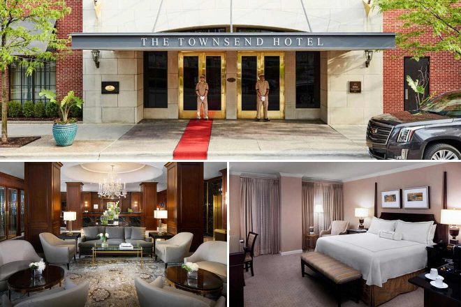 A collage of three hotel photos to stay in Detroit: the exterior of The Townsend Hotel with uniformed staff and a red carpet entrance, an opulent lobby with chandeliers and classic furnishings, and an inviting hotel room with tasteful artwork and a sitting area.