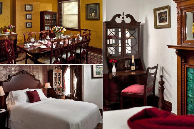 A collage of three hotel photos to stay in Washington DC: a traditional dining room with a mahogany table set for tea, a charming old-style bedroom with a wooden headboard and white linens, and a quaint writing desk with a vintage feel and a view of the city.