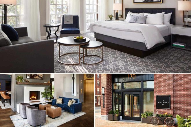 collage of 3 images with: bedroom, lounge and hotel's entrance